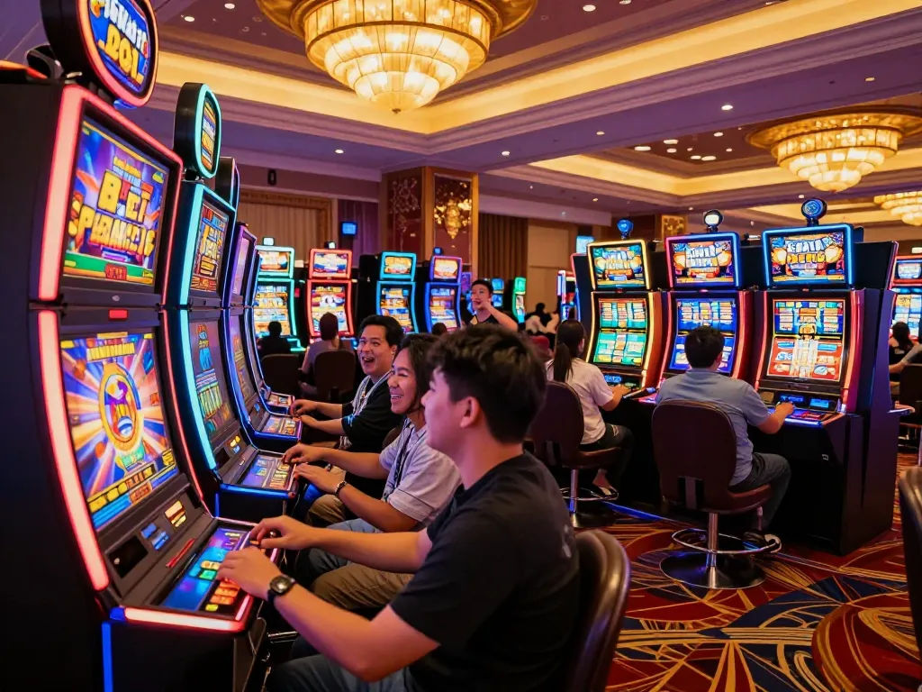 Situs slot bet 200 offering dynamic gameplay at a vibrant casino with players engaged and celebrating wins.