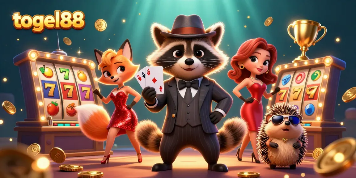 Togel88 showcases a lively gathering with a raccoon holding a royal flush amid vibrant slot reels and jackpot counters.