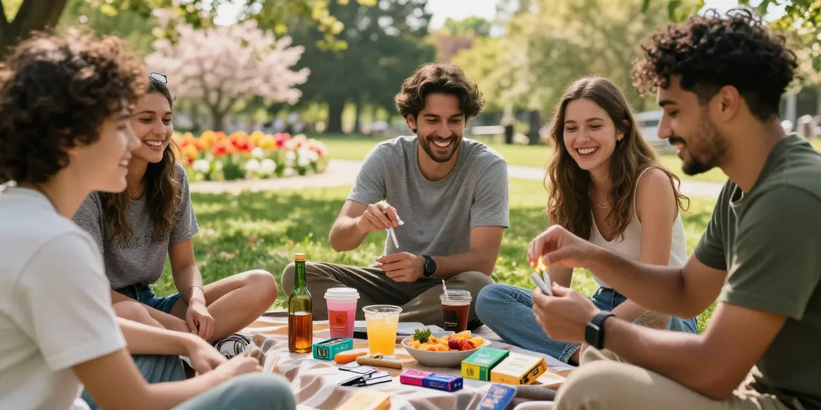 Friends enjoying thc pre rolls uk during a sunny picnic in the park, capturing camaraderie and relaxation.