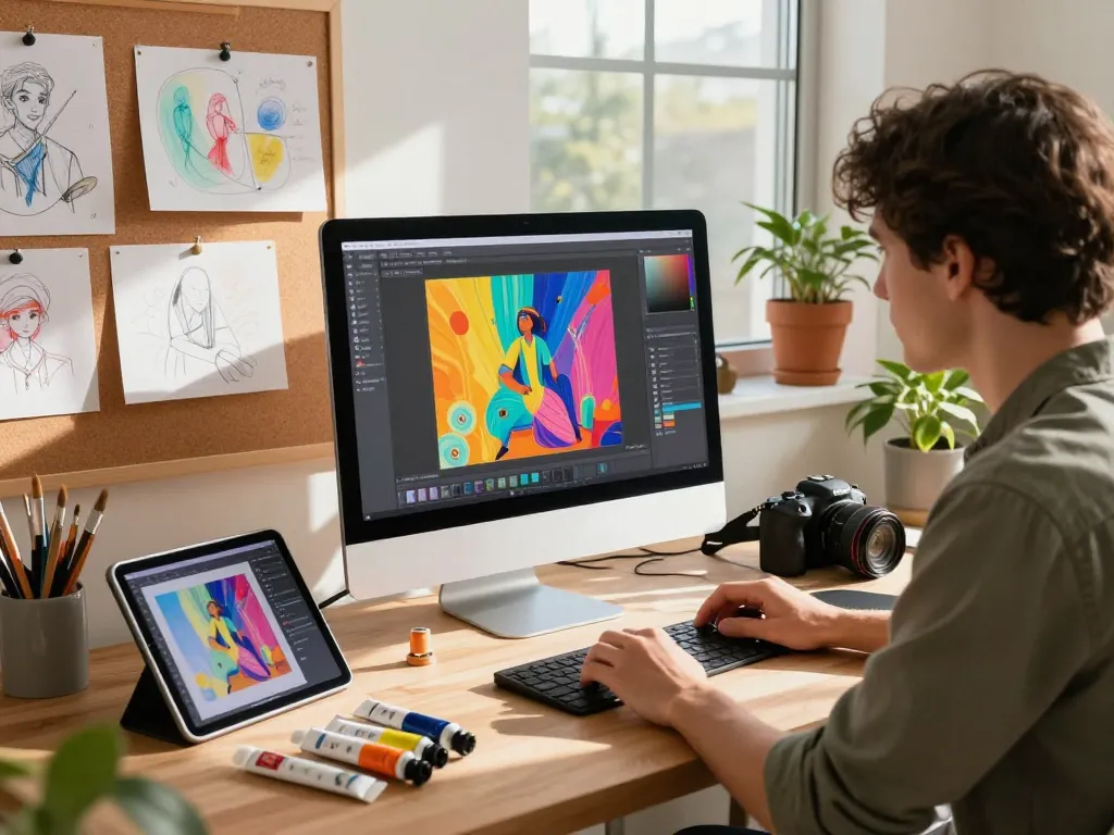 Artist engaged with Nano Banana 2 AI editor, showcasing vibrant AI-generated images in a creative workspace.