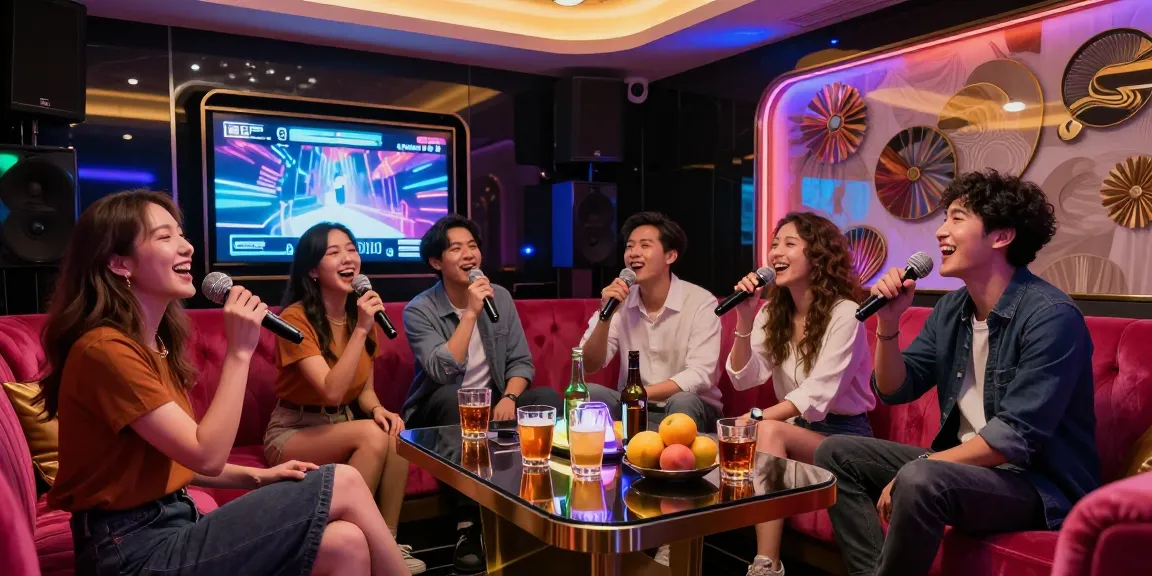 Experience Gangnam Karaoke joyfully with friends, vibrant lights, and a luxurious setting.