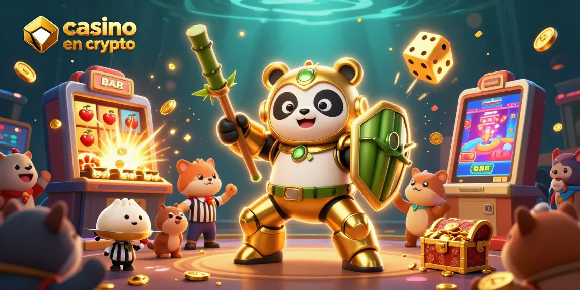 Découvrez le casino en ligne crypto avec un panda doré et un robot en action dans une scène vibrante.