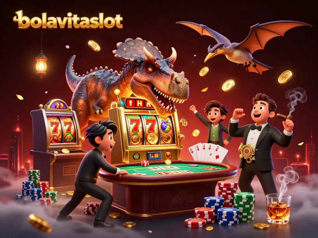Experience bolavitaslot with a lively scene featuring animated dinosaurs winning jackpot coins and vibrant casino elements.