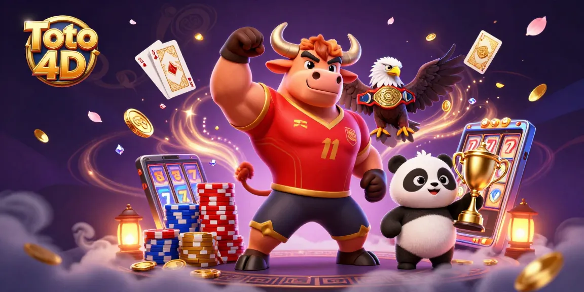 Experience the thrill of Toto 4D with joyful mascots and dynamic gambling elements in this vibrant illustration.