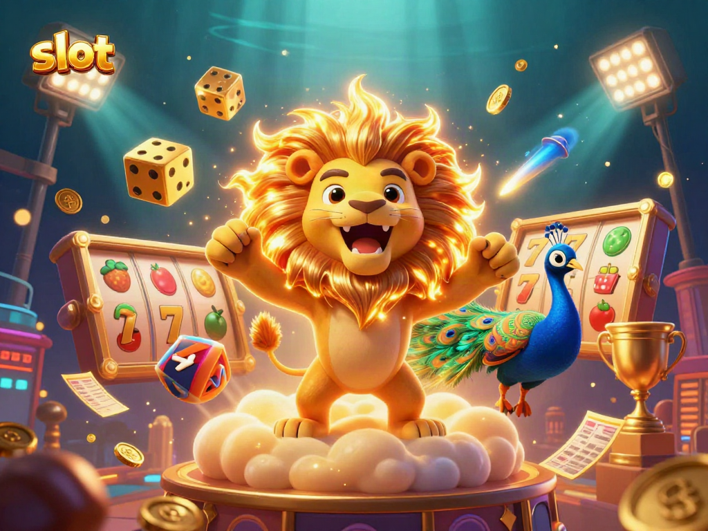 Experience thrilling slot action with a roaring lion, golden dice, and dynamic game elements.