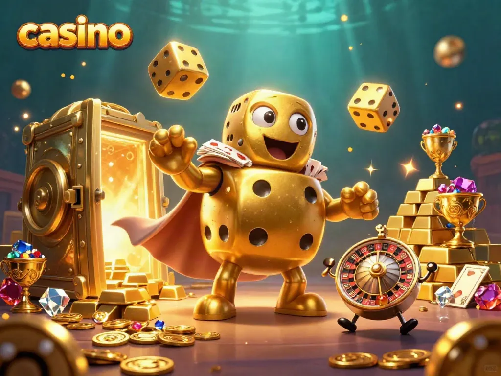 Engaging casino scene showcasing a golden dice golem and treasure elements for an online casino.
