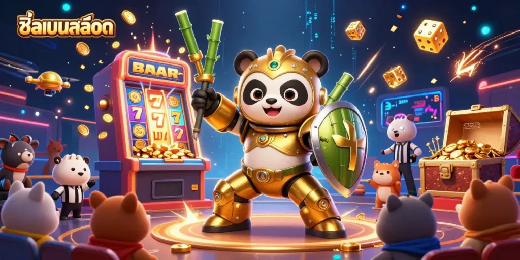 Experience the excitement of ชื่อเกมสล็อต with a vibrant 3D illustration of a golden panda in a mech suit against a burst of slot machine elements.