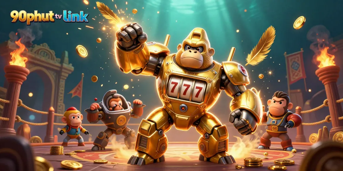Experience thrilling action with the 90phut tv link gaming illustration showcasing a golden mech and dynamic casino elements.