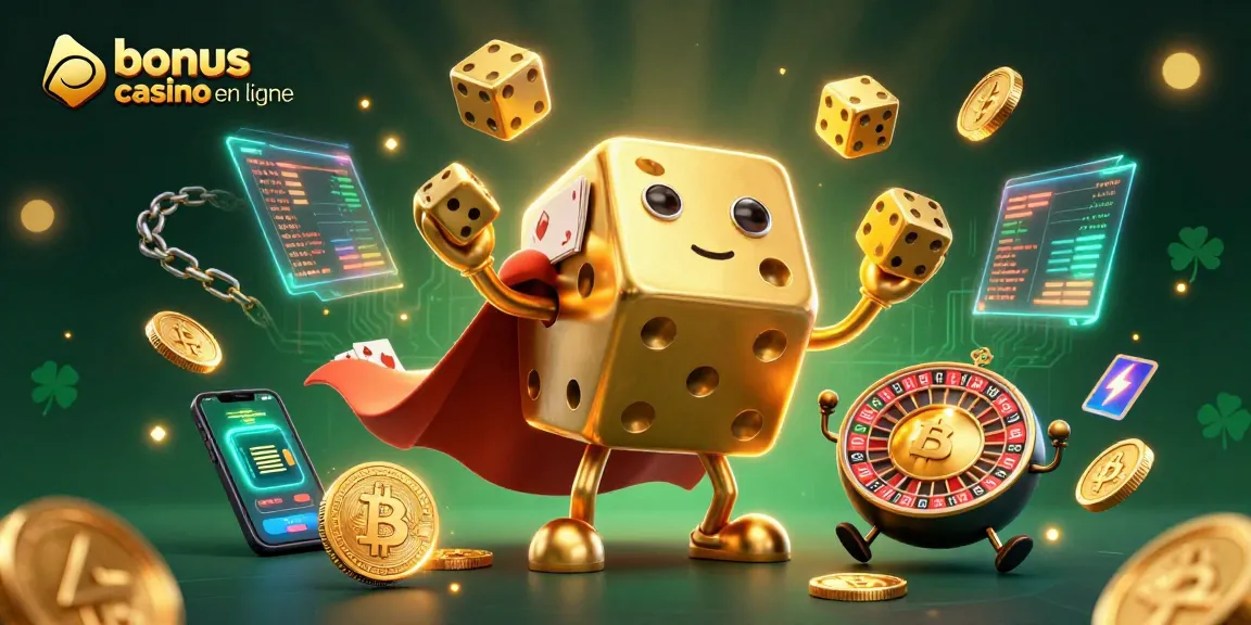 Obtenez des bonus casino en ligne avec un golem géant de dés dorés et des éléments de jeu captivants.