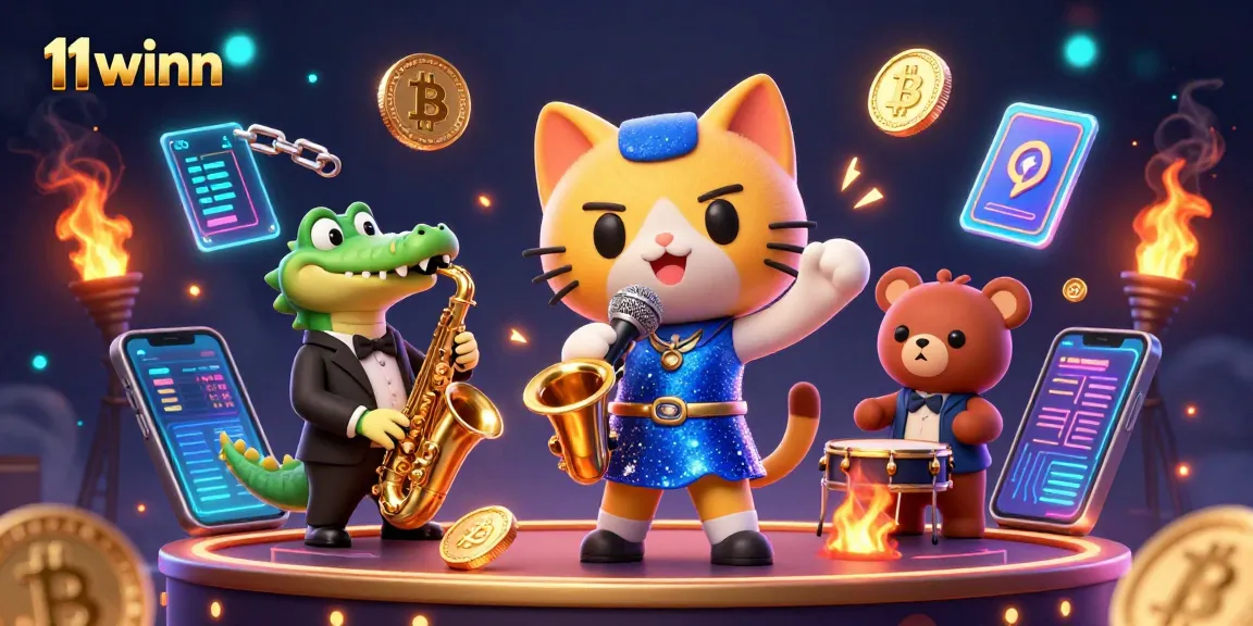 Engage with 11winn at a vibrant casino scene with jazz, crypto elements, and colorful characters.
