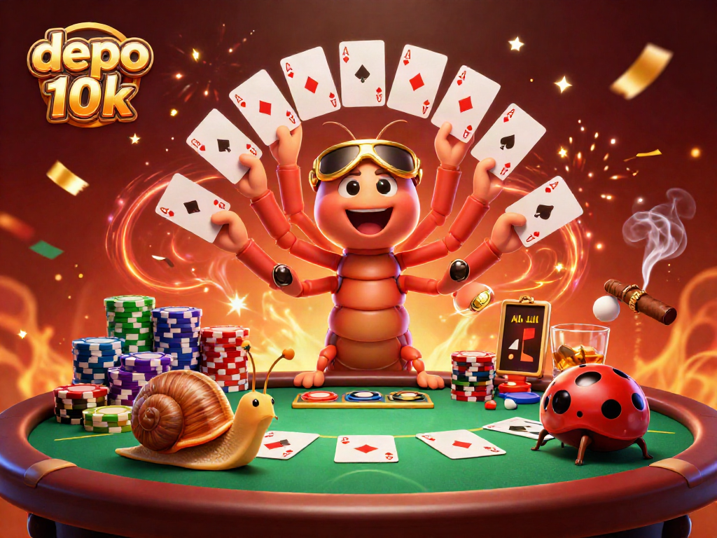 Engage with the lively depo 10k poker scene featuring dynamic characters and vibrant casino elements.