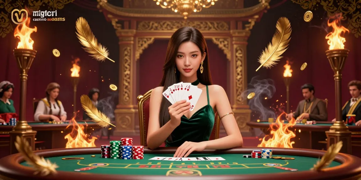 Migliori casinò online non aams scena illustrata che mostra una donna asiatica concentrata che gioca a poker circondata da vivaci elementi del casinò.