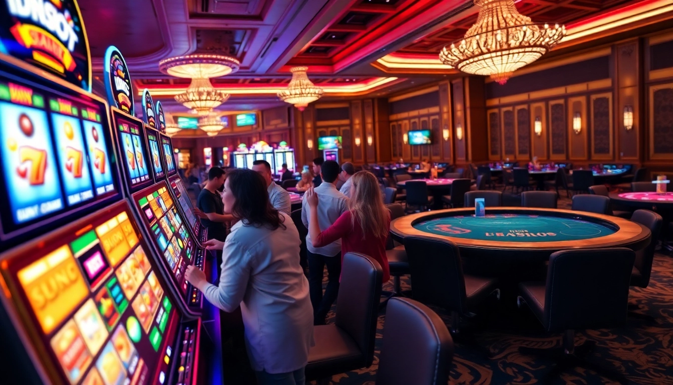 Players enjoying an idnslot gaming experience at an exciting casino with vibrant slot machines and card tables.
