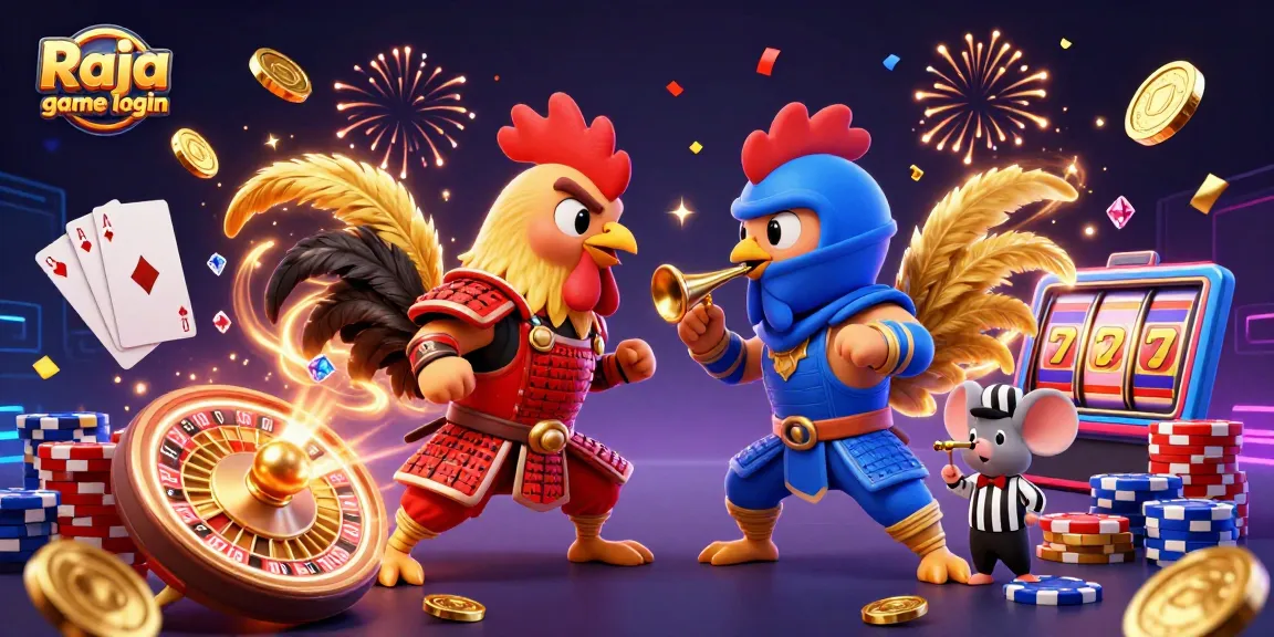 Engage in excitement with Raja game login as roosters battle amidst casino gold and jewels.
