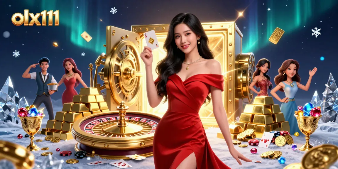 Play winning hands at olx111 with a stunning young Asian woman amidst sparkling casino treasures.