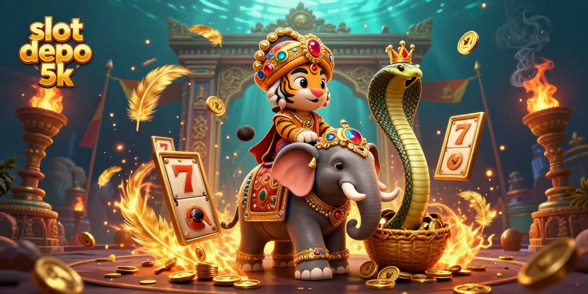 Engage with the dynamic world of slot depo 5k featuring a maharaja tiger, jewel-encrusted elephant, and vibrant game elements.