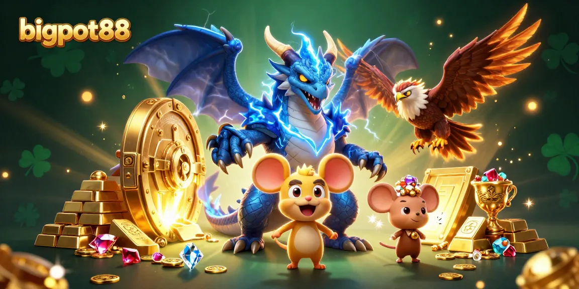 Experience seamless gaming at bigpot88 with golden treasures and dynamic 3D characters in a vibrant scene.