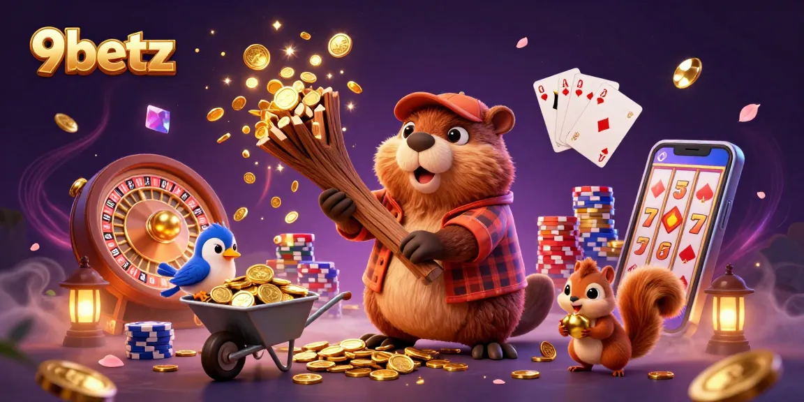 Engage with 9betz in an ultra-detailed casino illustration showcasing gold coins, cards, and lively characters.