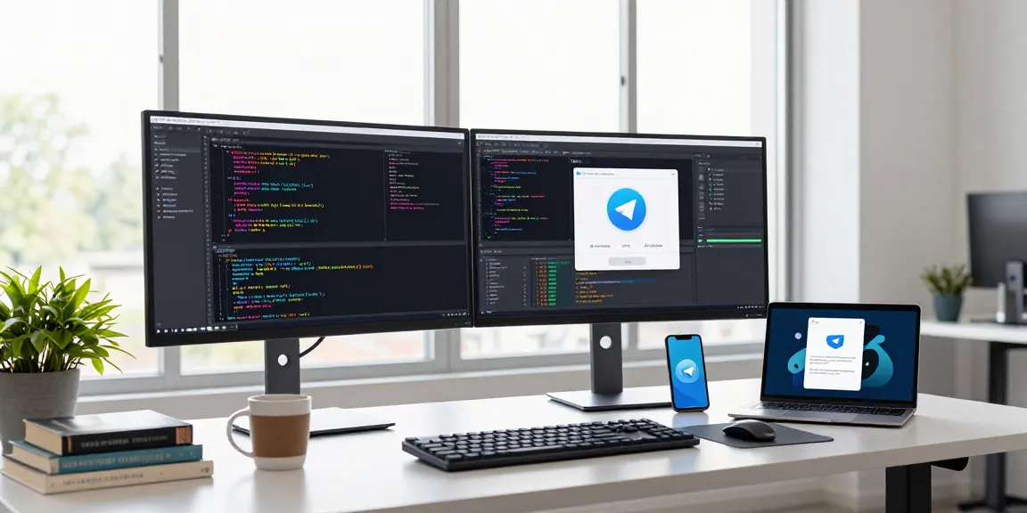 Telegram Download in a modern workspace with dual screens and software development tools, showcasing productivity.