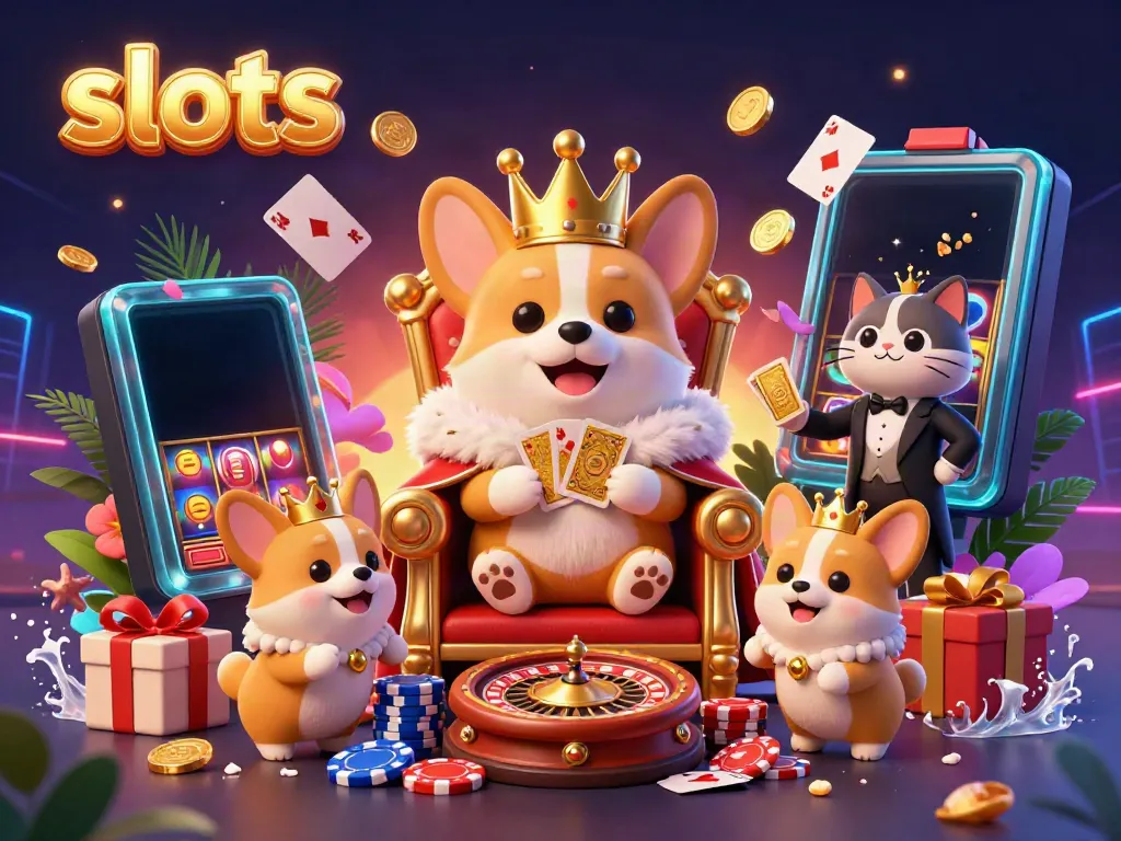 Engage with thrilling slots surrounded by a royal corgi and vibrant casino elements.
