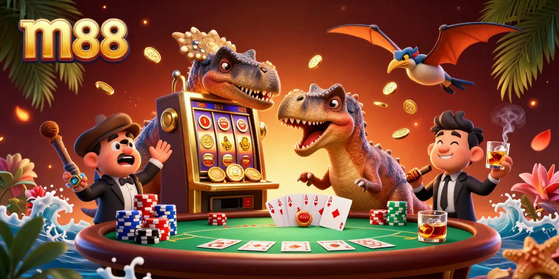 m88 brings luck as a cartoon dinosaur triggers a slot machine jackpot in a vibrant casino scene.