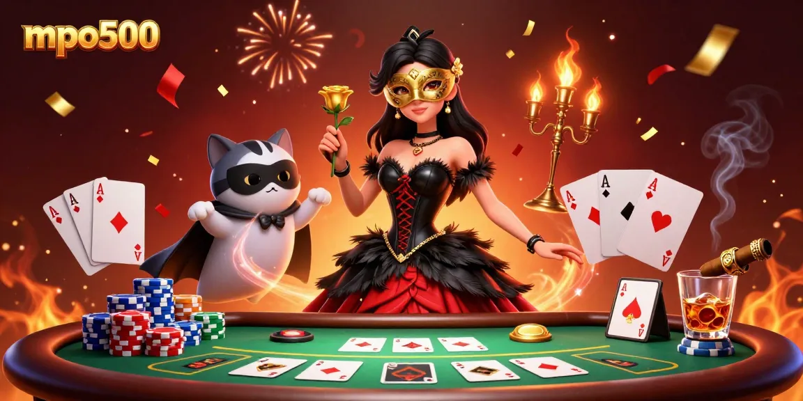 Engage with mpo500 in a vibrant gaming scene featuring a glamorous woman and colorful poker elements.