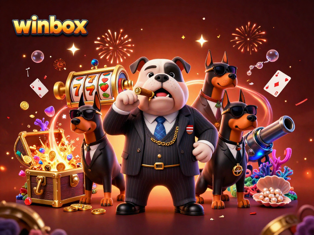 Winbox: colorful illustration of a bulldog boss amidst casino games and confetti, depicting excitement.