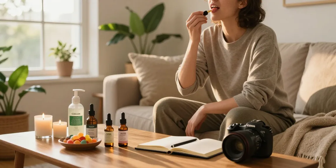 Individual using CBDNorth oil for wellness, surrounded by calming elements in a cozy home.