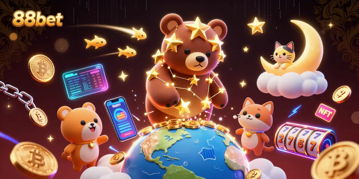 88bet features a vibrant casino scene with a constellation bear and crypto elements.
