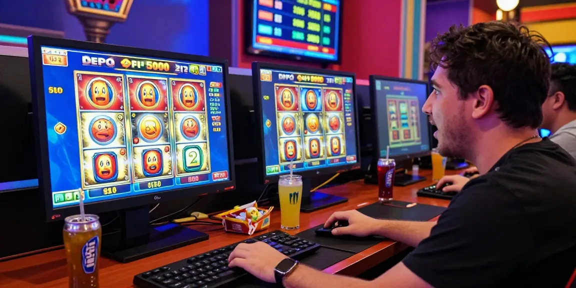 Exciting scene of a player engaging with slot depo 5000 game on computer, vibrant graphics, and gaming atmosphere.