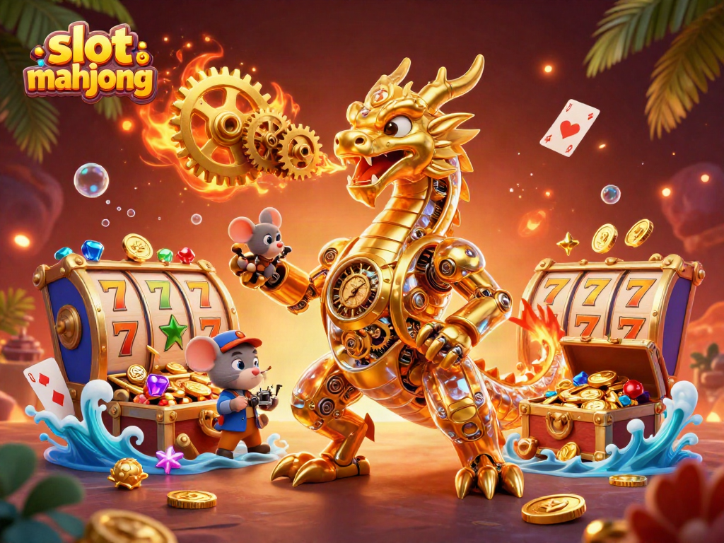 Engage with slot mahjong in a vibrant scene featuring a golden dragon, slot reels, and treasure elements.