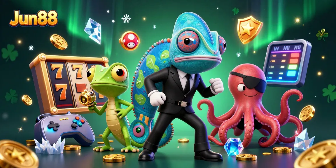Experience thrilling gameplay at Jun88 with vibrant slot reels, colorful coins, and engaging casino elements.