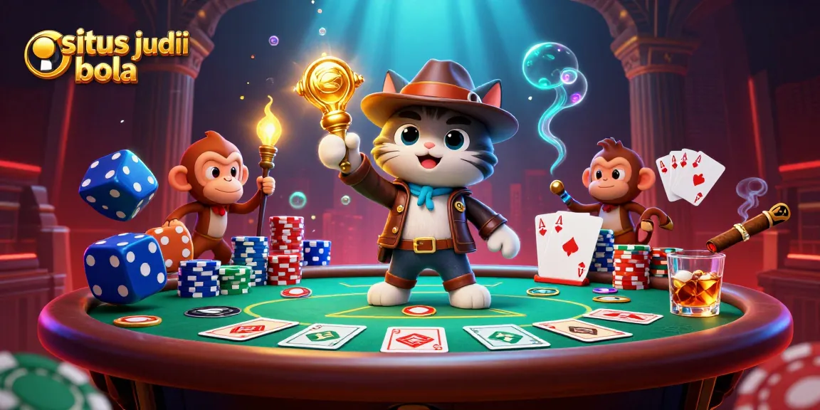 Engaging scene of situs judi bola with a cat explorer and monkey companion revealing treasure and casino artifacts.