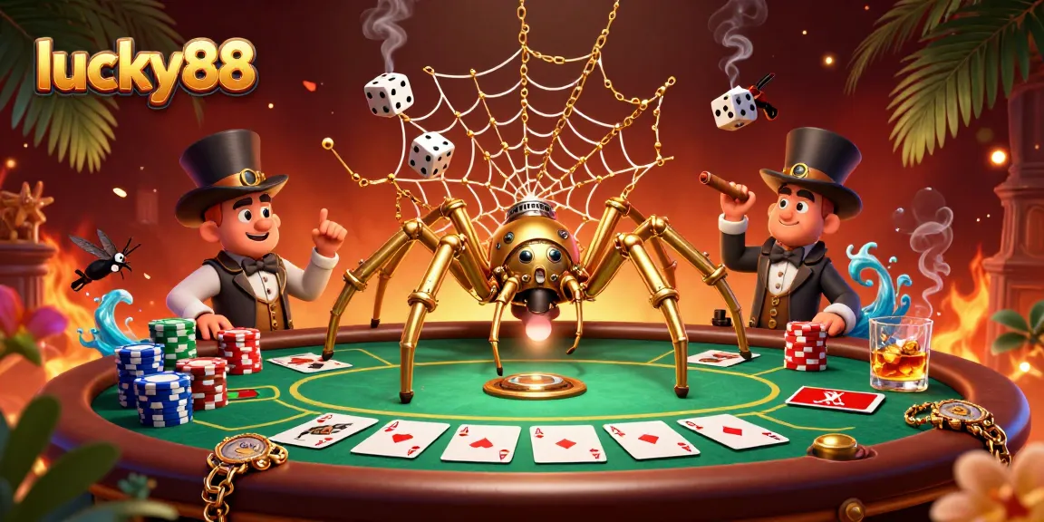 Experience thrilling gameplay with lucky88 as a steampunk spider captures dice and chips in this vibrant casino scene.