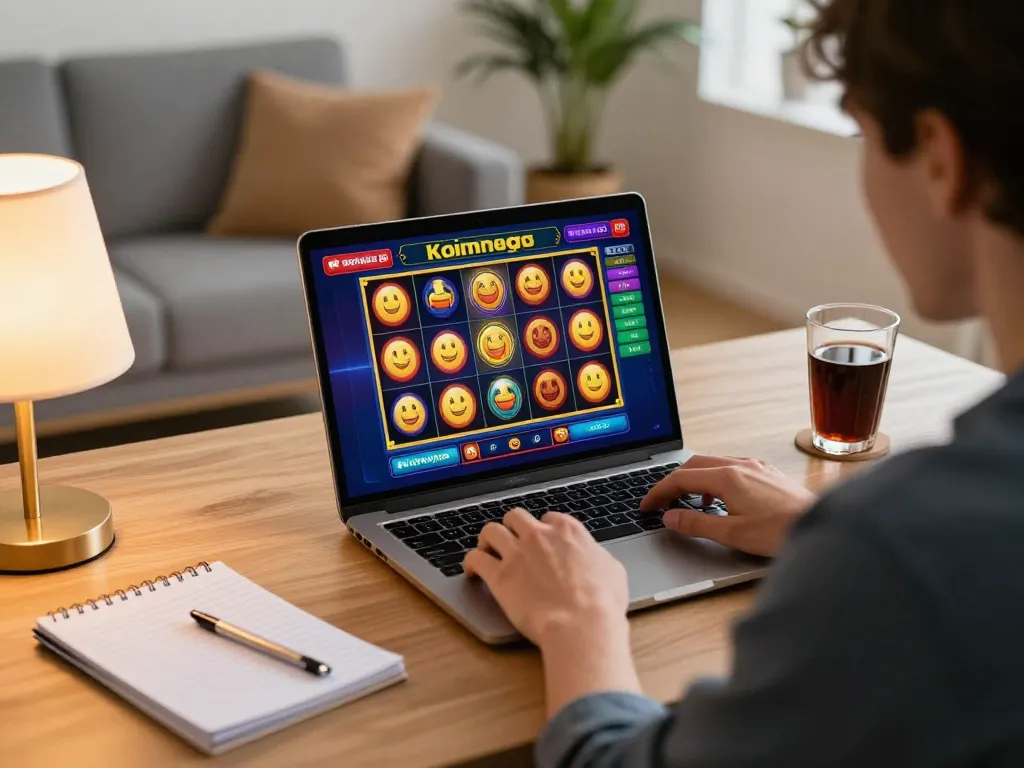 Koinvegas slot interface showcased in a cozy home gaming setup, highlighting engaging online play
