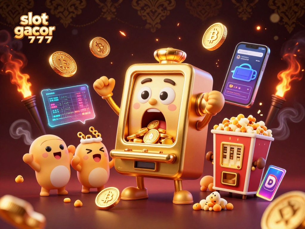 Play and win with slot gacor 777 featuring a golden slot machine celebrating a jackpot.
