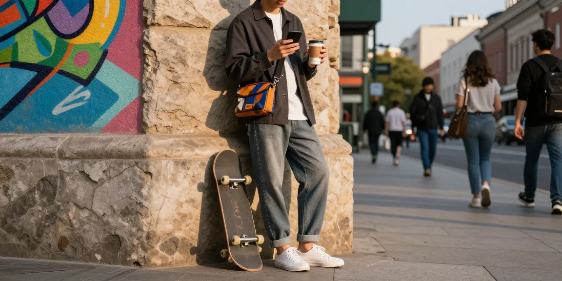 Stylish individual engaging with smartphone in urban setting, highlighting modern fashion trends from https://shs-dome5.com/.