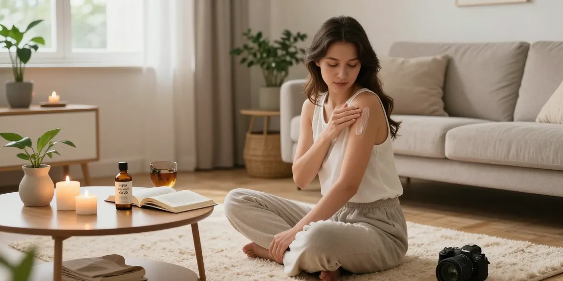 Muha meds CBD oil and topical cream during evening self-care routine in a cozy living room.