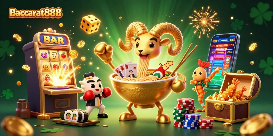 Experience the excitement of Baccarat888 with a dynamic casino scene featuring a golden ramen dealer, gyoza sidekick, and vibrant slot machines.