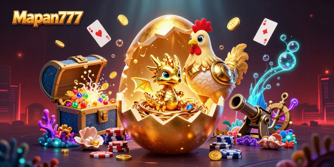 Mapan777 showcases a golden dragon and poker chips amidst a vibrant casino treasure scene.