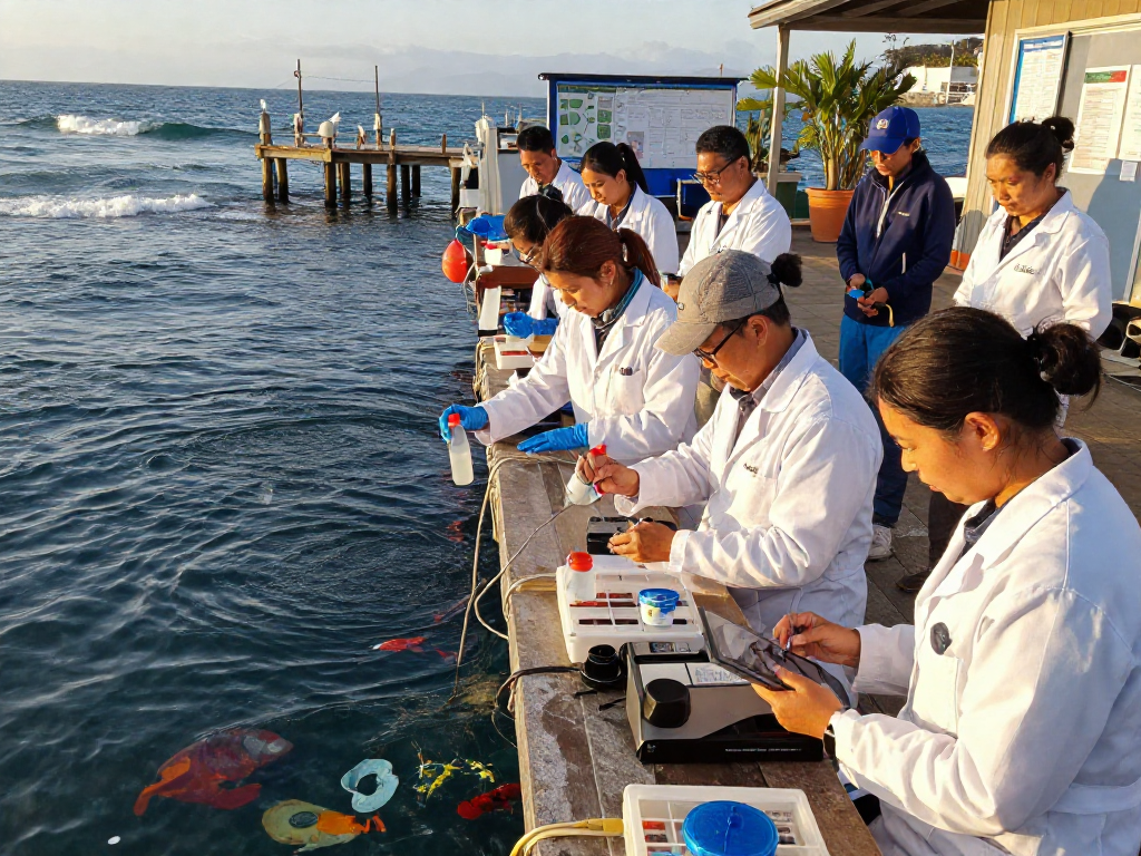 Motchill marine researchers collecting ocean samples at sunset, showcasing teamwork and scientific exploration.