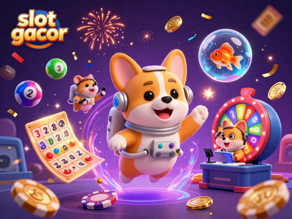 Experience slot gacor thrills with an astronaut corgi in a vibrant, dynamic casino scene.