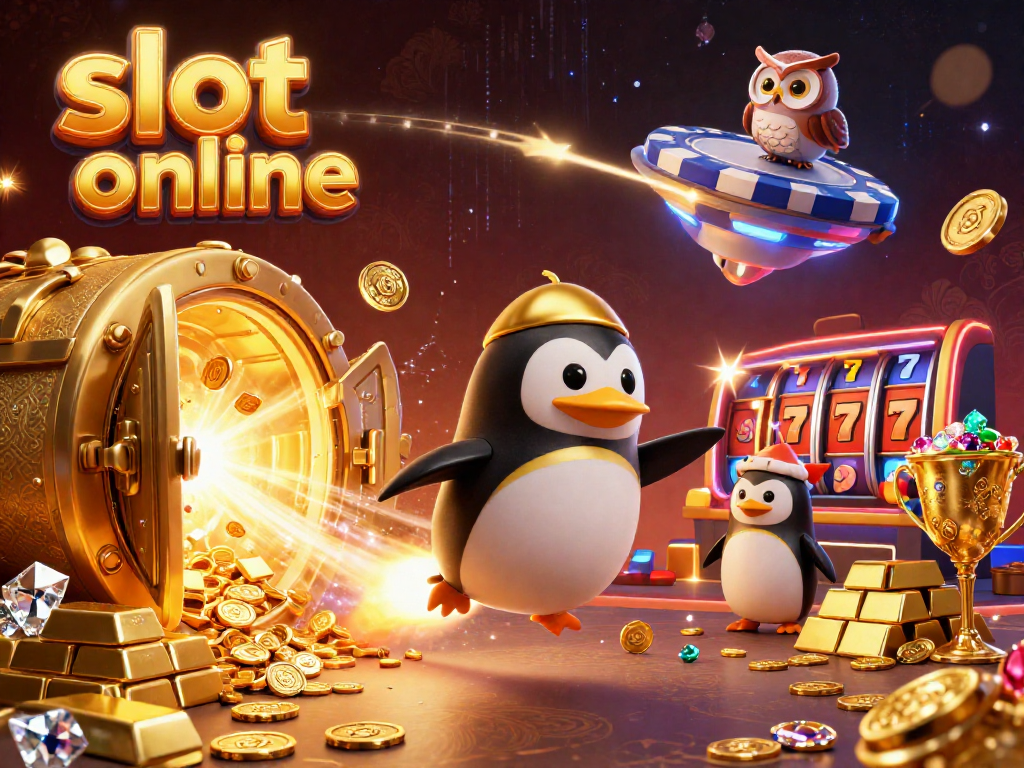 Experience slot online thrills as a golden penguin rockets to a casino space station amid treasures.
