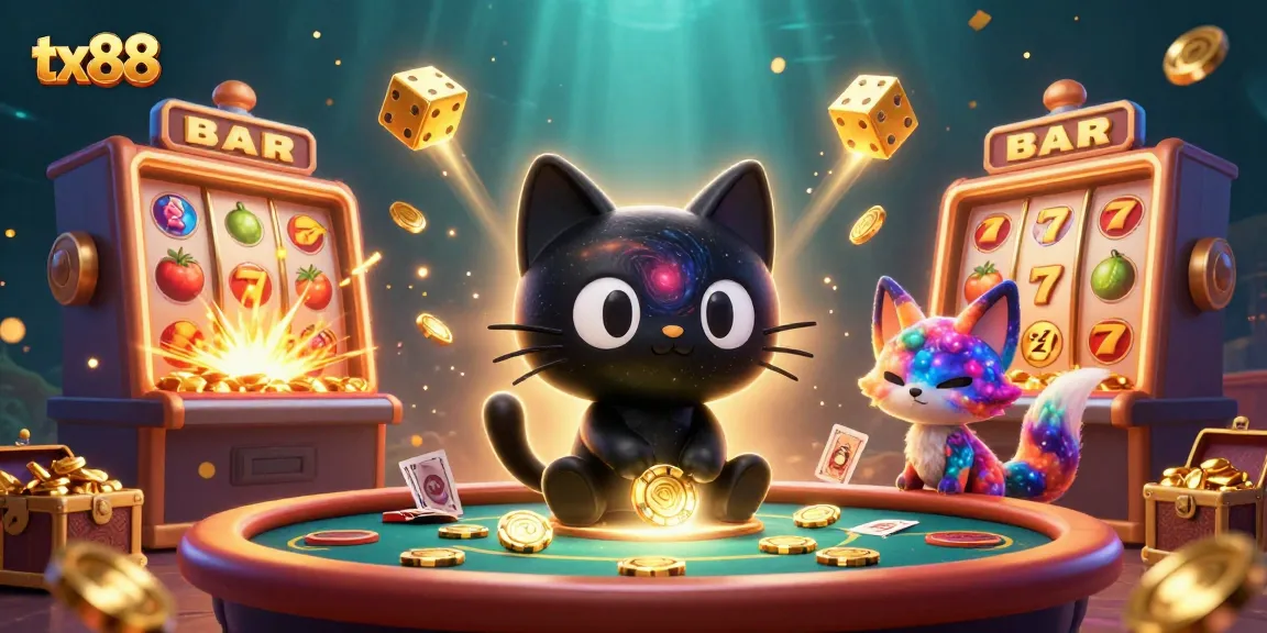 Experience the thrill at tx88 casino with a cosmic vibe featuring a black hole cat and vibrant slot machine.