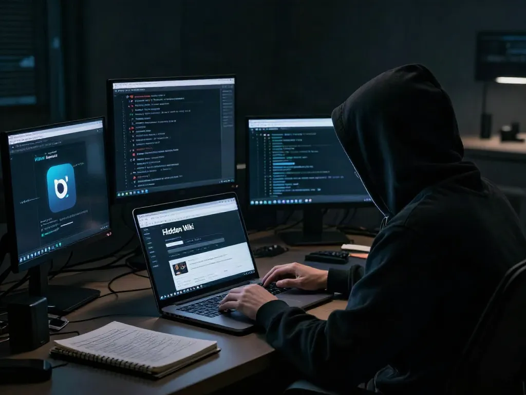 Anonymous user exploring the hidden wiki official site on a laptop in a dimly lit room.