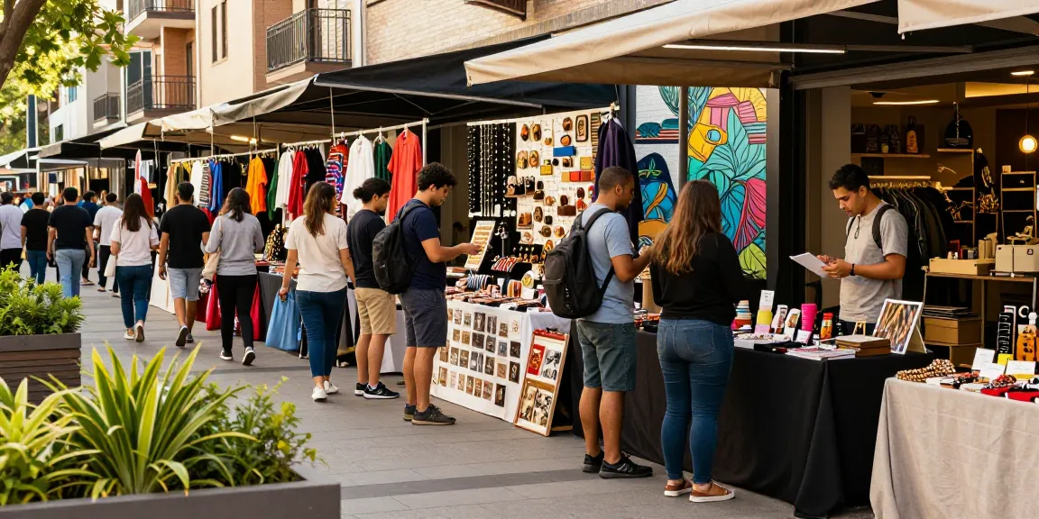 Vibrant urban shopping scene at a market showcasing diverse vendors and engaged shoppers exploring various products including clothing and accessories.