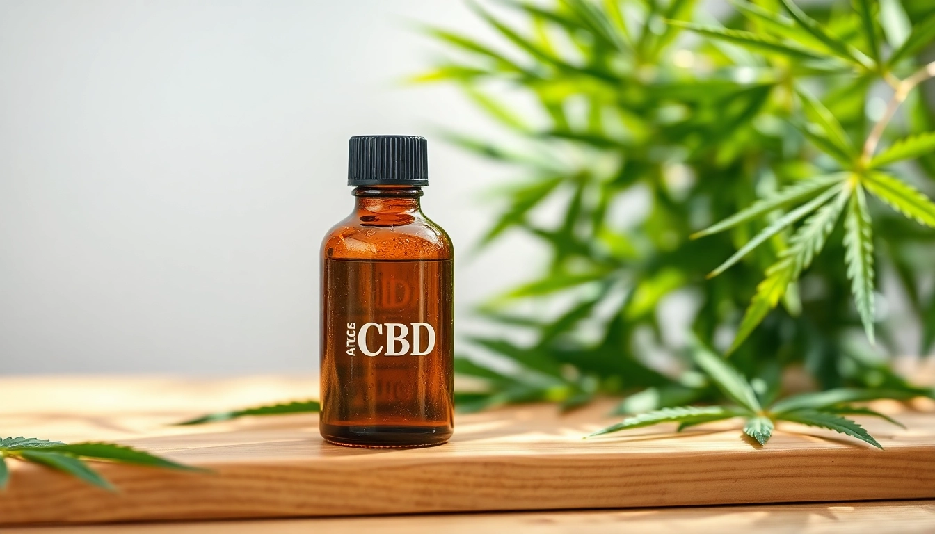 Showcase CBD Oil bottle surrounded by fresh hemp leaves on a wooden counter.