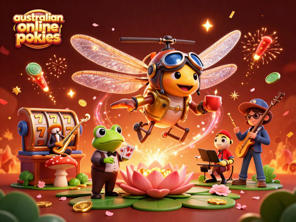 Experience australian online pokies excitement with animated characters and vibrant game elements in a lively casino scene.