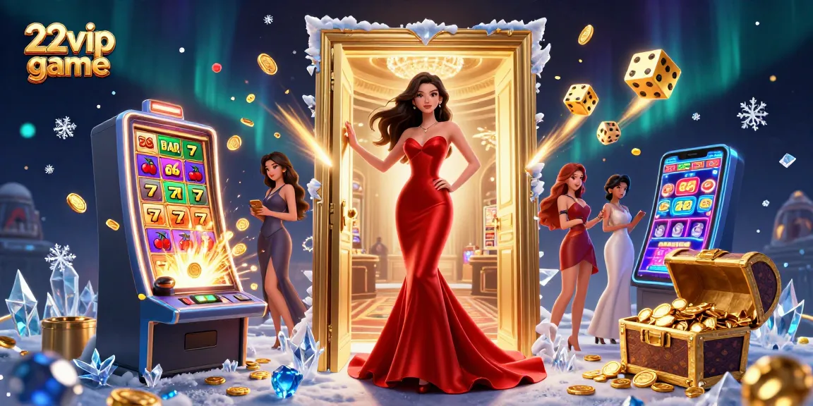 Engage with 22vip game as a stunning Asian woman stands at a luxurious casino entrance, surrounded by jackpots and dynamic casino elements.