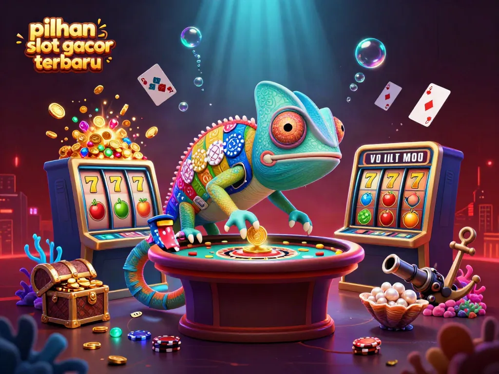 Ilustrasi 3D menggambarkan pilihan slot gacor terbaru dengan chameleon pemilik kasino dan elemen slot menarik.